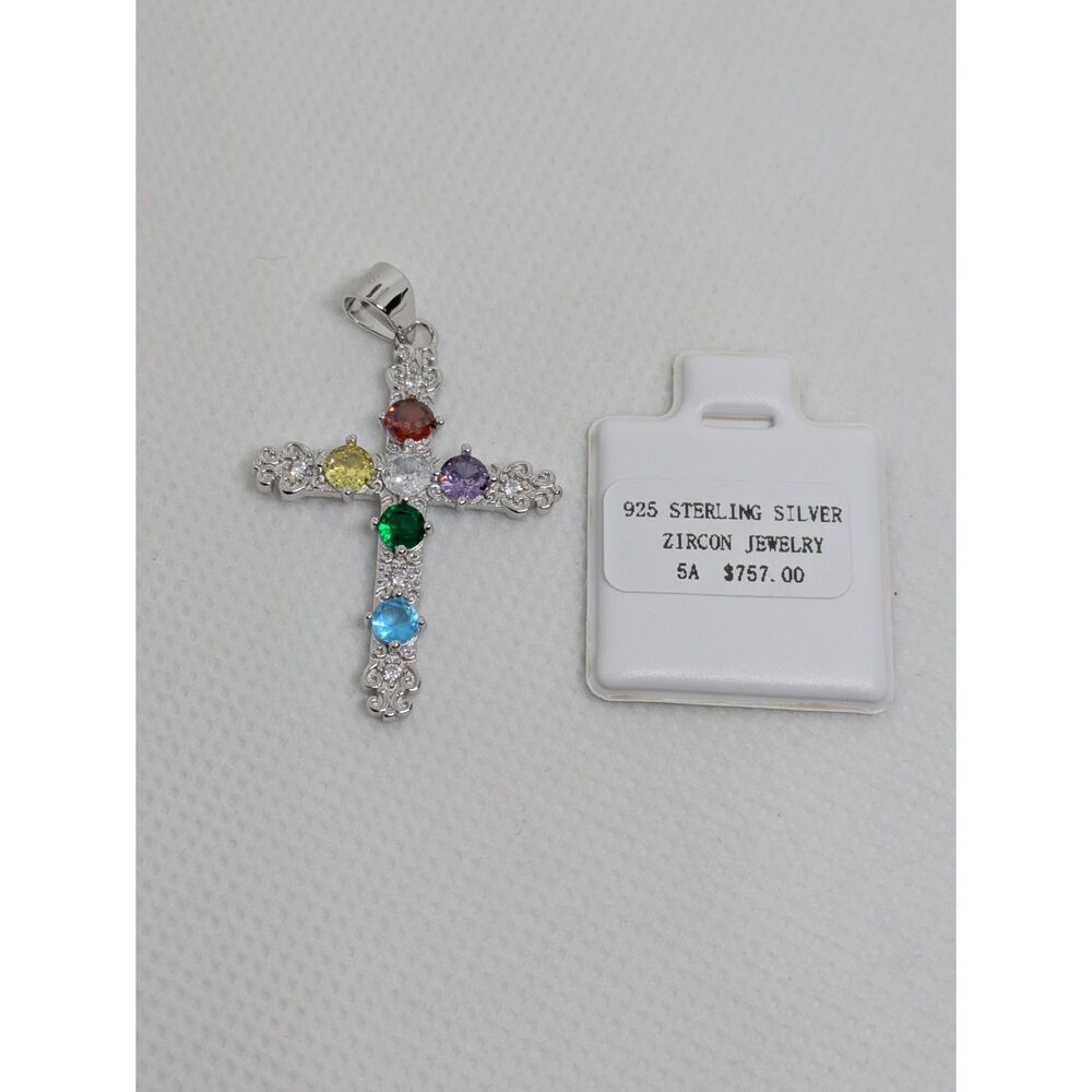 925 silver w/ 5A zircon Multicolor Moissanite Cross pendant (unisex) (Brand New)